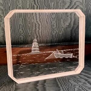3-D Vintage Etched Acrylic Art Sculpture - Nautical Lighthouse & Sailboat Scene